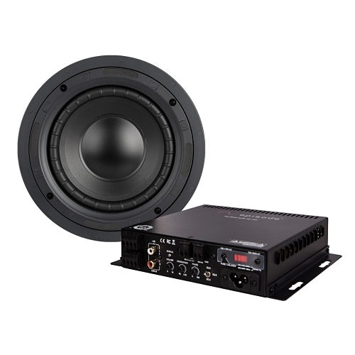 Episode EA-MINI-SUB-1D-100 Digital Subwoofer Mini Amplifier 100W Presentation View with a speaker