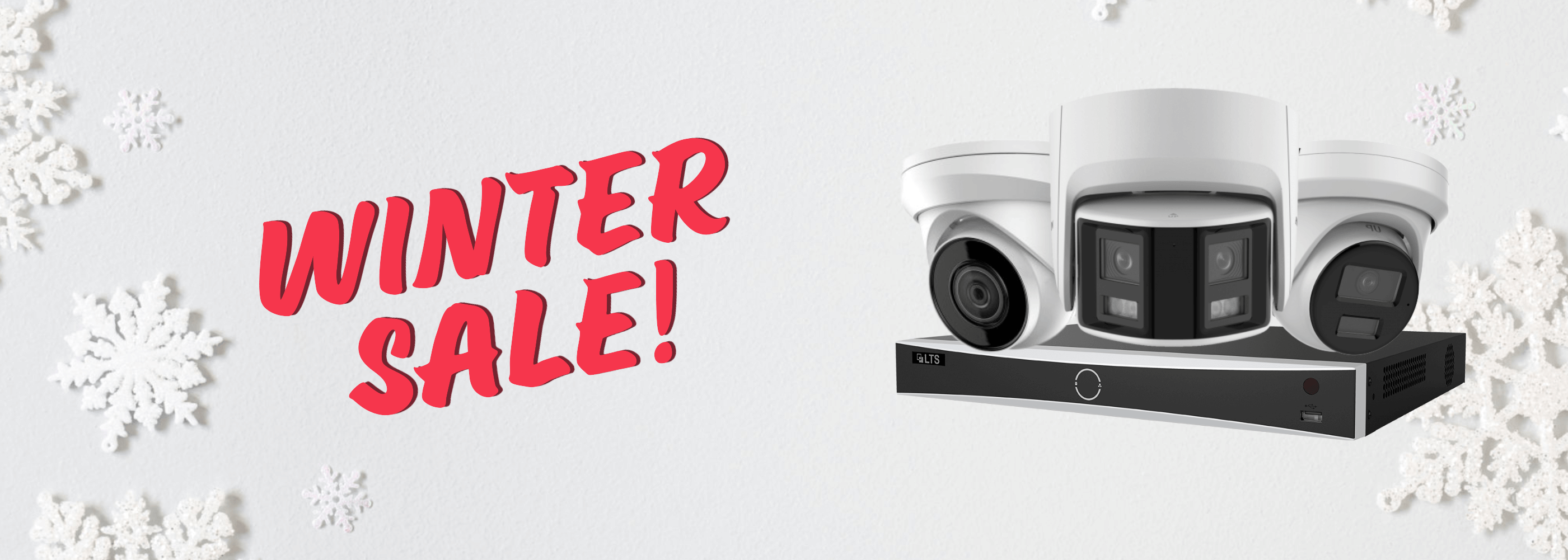 Desktop snowy background - Security HP Hero Image with 3 Security Cameras and NVR and a Red text that says Winter Sale! 